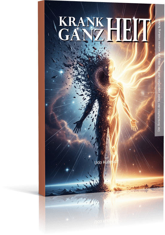 Das Buch-Cover von „Krank Ganz Heit“ von Udo Kubesch mit der Darstellung einer sich transformierenden Lichtgestalt.
