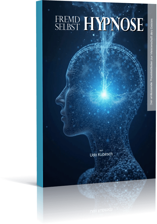 Das Buch-Cover von „Fremd Selbst Hypnose“ von Udo Kubesch mit der Darstellung eines leuchtenden Gehirns.