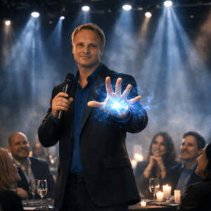 Diplom-Hypnotiseur Udo Kubesch zeigt bei einer KUBUDO Show eine faszinierende mentale Energie-Performance vor Publikum.