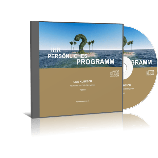 Cover und CD des Audio-Programms „Ihr persönliches Programm“ von Udo Kubesch mit einem Fragezeichen auf einer Insel.