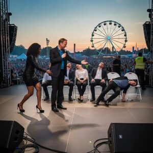 Udo Kubesch moderiert die KUBODO Hypnoseshow auf einer großen Open-Air-Festivalbühne mit Riesenrad im Hintergrund.