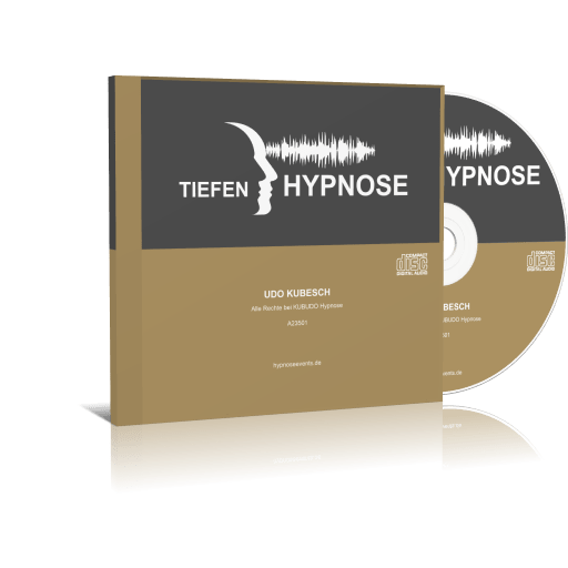 Cover und CD des Audio-Programms „Tiefen Hypnose“ von Udo Kubesch mit einer Tonspur und Silhouette.
