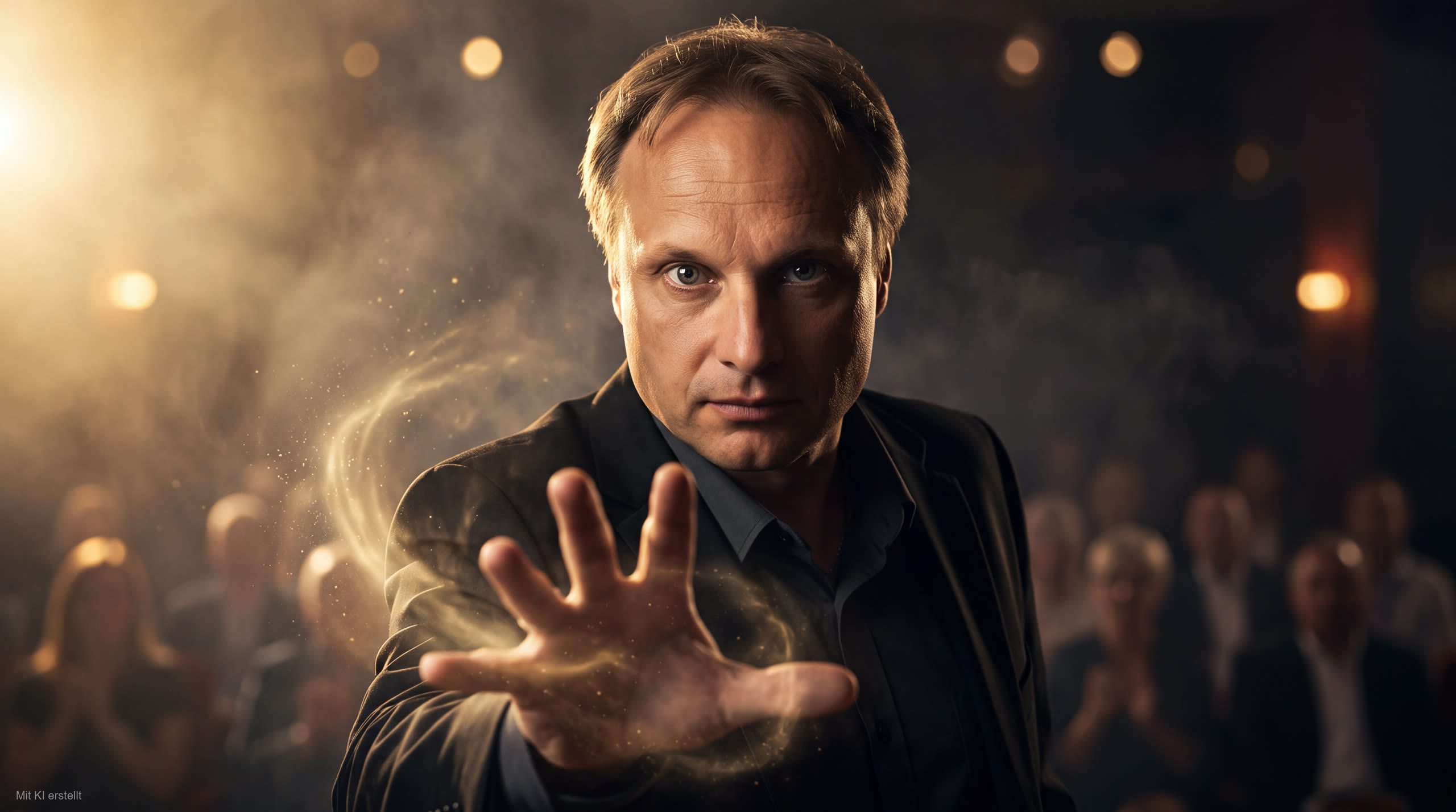 Udo Kubesch als Show-Hypnotiseur auf der Bühne, Hand zur Kamera ausgestreckt, goldener Lichtstaub, Publikum verschwommen im Hintergrund