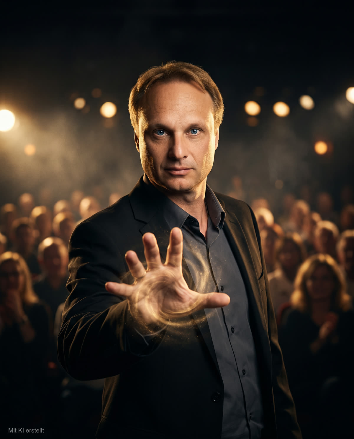 Udo Kubesch als Show-Hypnotiseur auf der Bühne, Hand zur Kamera ausgestreckt, goldener Lichtstaub, Publikum verschwommen im Hintergrund